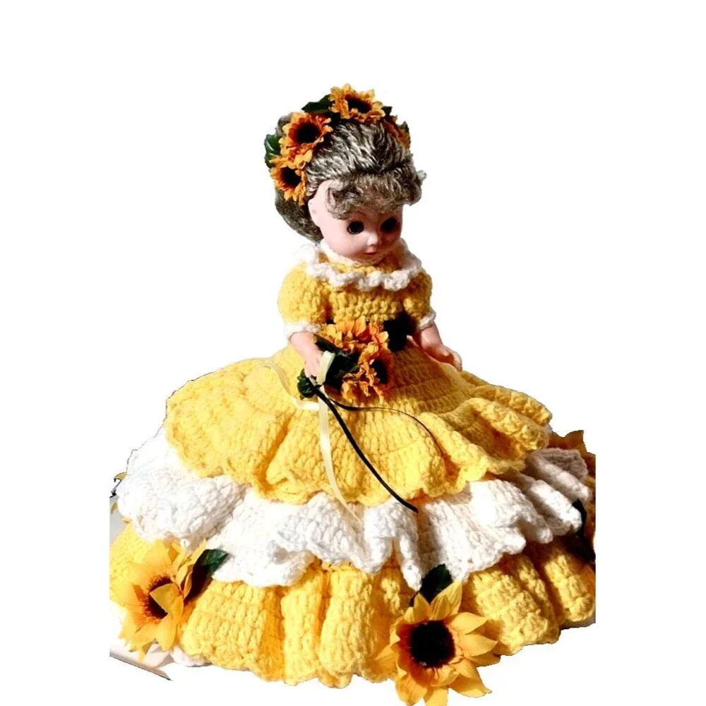 Vtg Crochet Doll Blue Eyed Yellow White Sunflowers 18